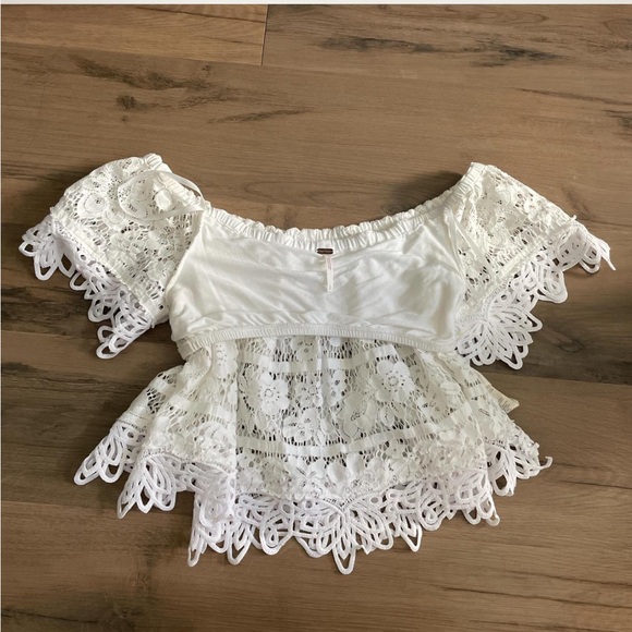 Free People Sweet Dreams Crochet Lace Top Off Shoulder White Cropped Sz S - Picture 5 of 6